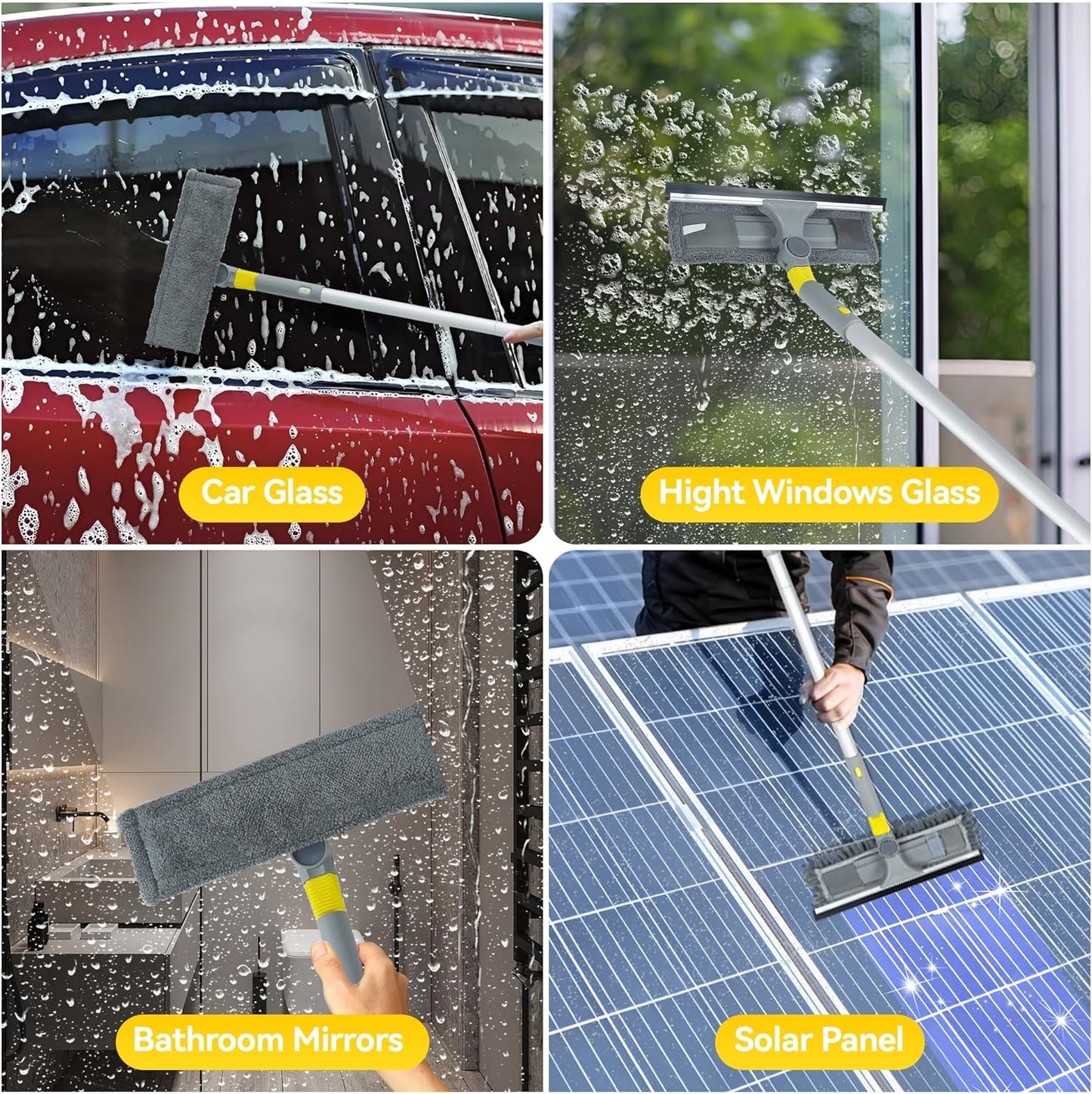 JEHONN Window Cleaning Equipment, 163 cm Long Handle Professional Shower Glass Washing Brush Extendable, 3 in 1 Wall Cleaner Duster for Home Indoor Outdoor Mirror Car Windshield