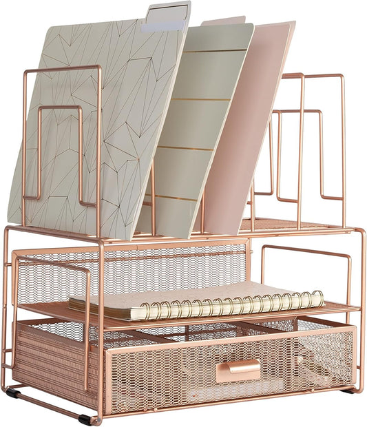 BLU MONACO Workspace Rose Gold Desk Organizers and Storage Accessories Desktop Rack File Organizer with File sorters and Drawer for Office Supplies, Paper, Device and Folder