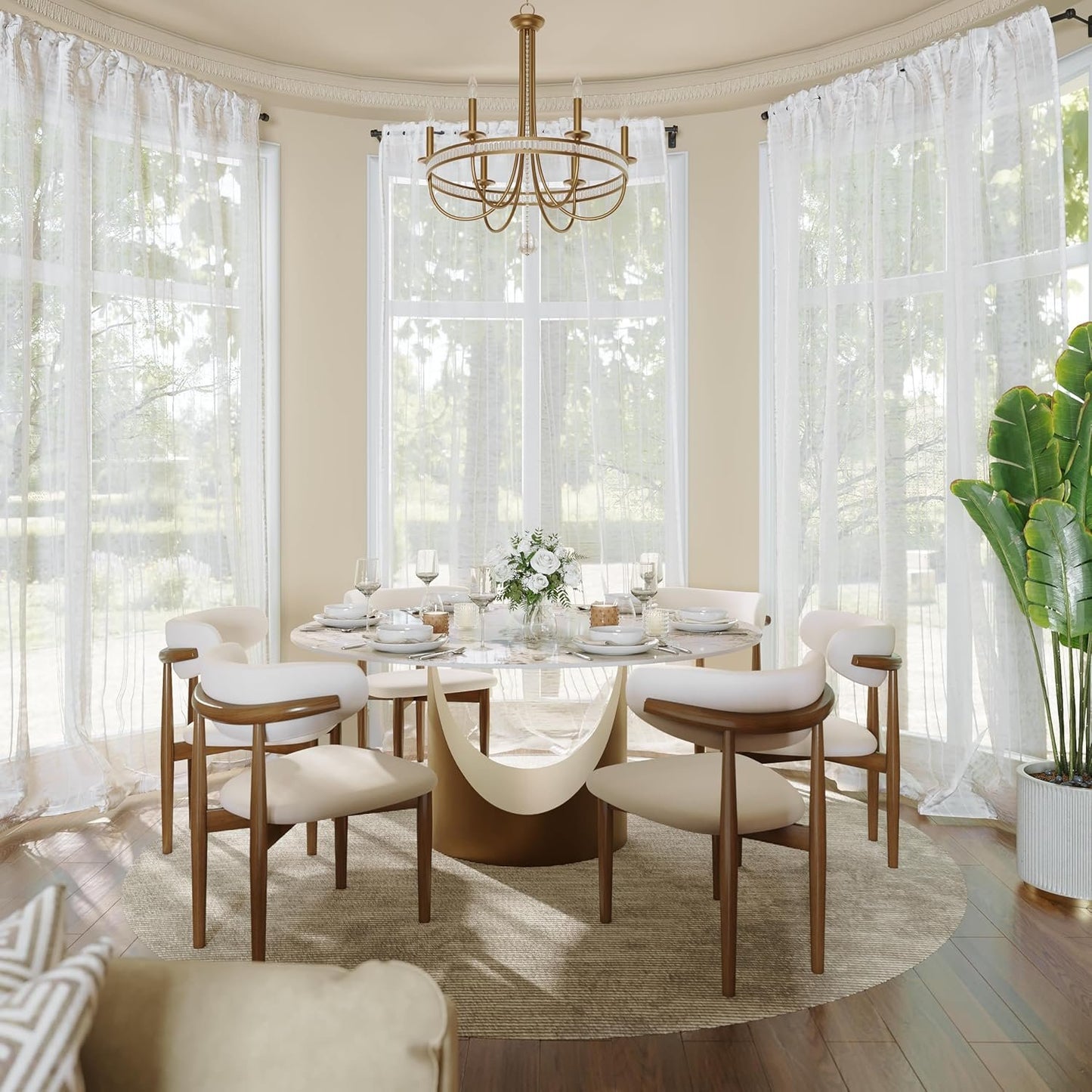 POVISON Round Dining Table for 4-6, 60" Glossy White Sintered Stone Tabletop Dining Table with Bronze Carbon Steel Pedestal, Modern Dining Room Table for Kitchen, Living Room (Table Only)
