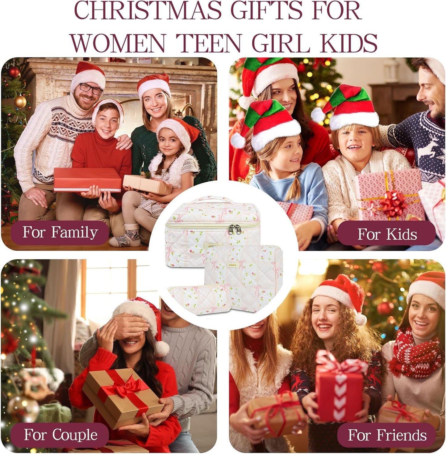 AMZMA Makeup Bag Travel Cosmetic Bag, 3 PCS Quilted Make Up Bags for Women Makeup Organizer Case, Coquette Makeup Pouch Travel Essentials Toiletries Accessories