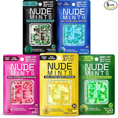 NUDE MINTS | Dual Action Liquid Capsules | Mouth Watering Mint - Lasts 3X Longer - 3X Stronger - Extreme Bad Breath Treatment For Adults - Sugar Free, 0 Calorie - Variety - 5 Pack - 150 Capsules