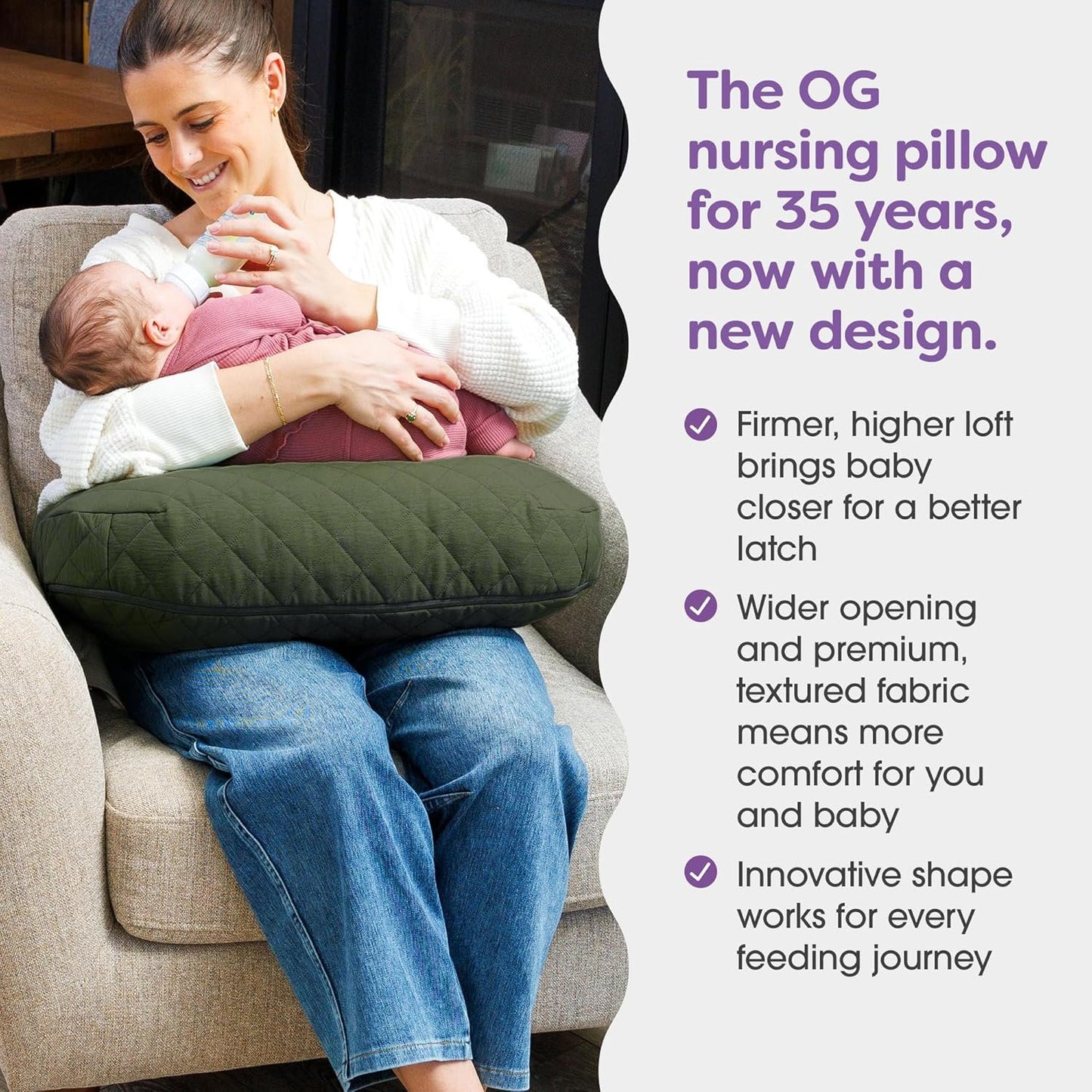 Boppy Nursing Pillow with Luxe Fabric Cover, Quilted Moss, Larger, More Supportive Pillow for Breastfeeding and Bottle Feeding; Firmer and Higher Than Original, w/Premium Cover; JPMA Certified