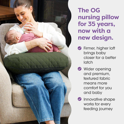 Boppy Nursing Pillow with Luxe Fabric Cover, Quilted Moss, Larger, More Supportive Pillow for Breastfeeding and Bottle Feeding; Firmer and Higher Than Original, w/Premium Cover; JPMA Certified