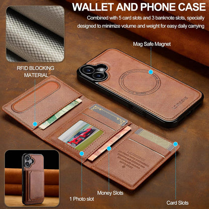 GoshukunTech for iPhone 16 Wallet Case with Card Holder,for iPhone 16 Magnetic Case[Detachable Card Pocket] Leather Flip Cover[Support Magsafe or Wireless Charging]-Brown