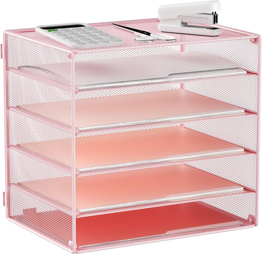 MINDEPOT 6 Tier Desk Organizer Paper Tray, Metal File Holder Desktop Organizers and Workspace Accessories for School Office Organization Storage Rack (1, Pink)