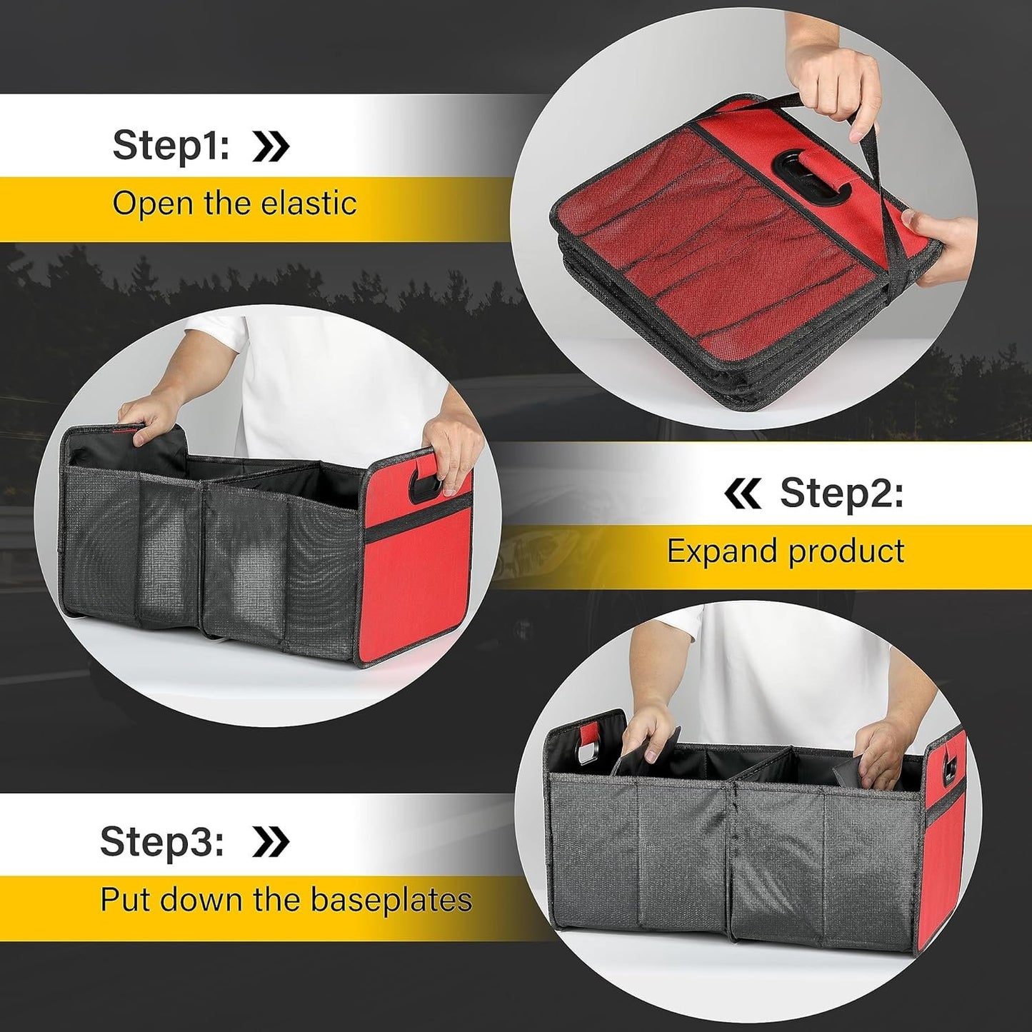 YSSOA 2 Compartments Car Trunk Organizer, 600D Waterproof Oxford Polyester Car Storage, Anti-slip 14" D x 22" W x 12" H Collapsible Trunk Storage, Suitable for SUV, Minivan, Truck, Red