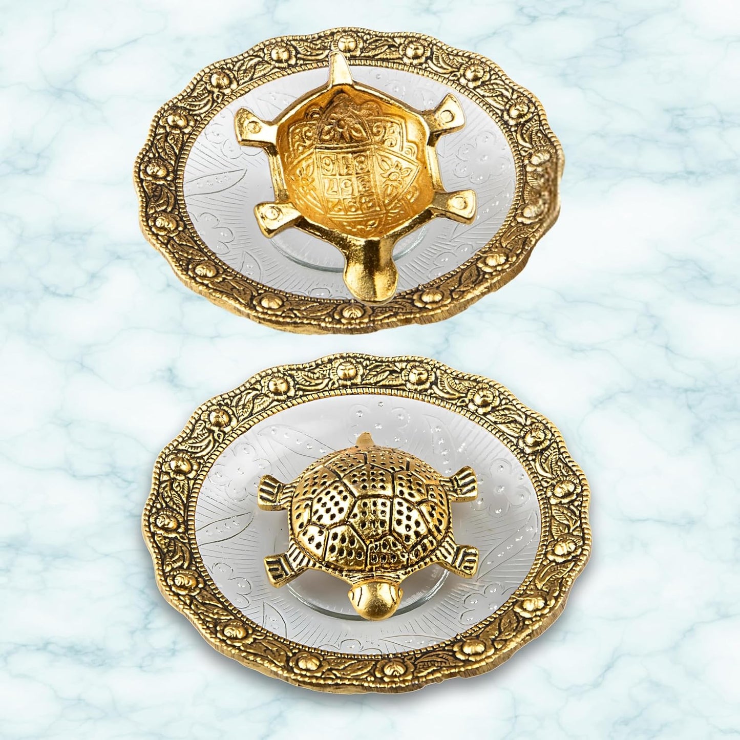 Wonder Care | Feng Shui Tortoise Statue Within Glass Plate Sculpted in Great Detail in Ivory Antique Finish - Idol for Car | Home Decor | Gift | (Turtle Plate 5")