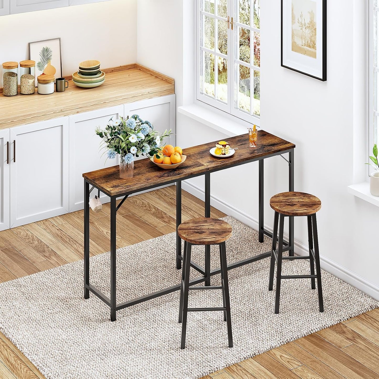 HOOBRO 160 cm Long Bar Table, Rectangular or L-Shaped Assembly Counter Height Bar Table, Vintage Industrial Style, for Living Room, Kitchen, Dining Room, Office, Rustic Brown and Black BF69BT01