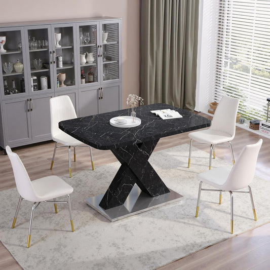 Modern Style Square Stretch Dining Table, Kitchen Table with Marble Table Top, MDF X-Shape Legs and Metal Base (Black)