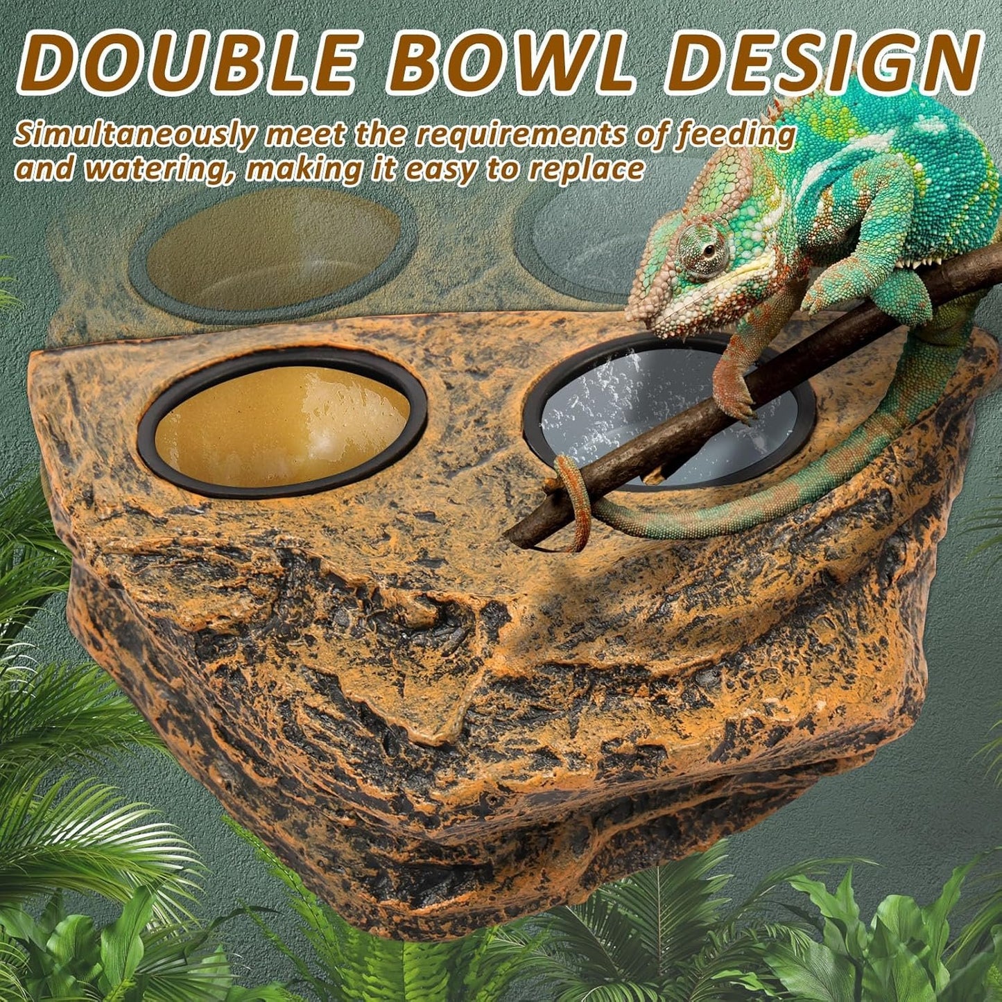 Reptile Magnetic Feeder Ledge, Reptile Food Water Dish with 2Pcs Bowls, Double Bowl Gecko Feeder Ledge, Reptile Feeding Bowl, Lizard Feeding Ledge for Lizard Crested Gecko