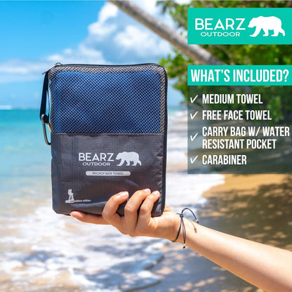 BEARZ Outdoor Microfiber Towel Set for Travel & Sports. Compact & Absorbent Cloth for Camping Swimming Beach Gym Yoga Golf. Gear w/Bag Water Resistant Pocket Carabiner Face Cloth