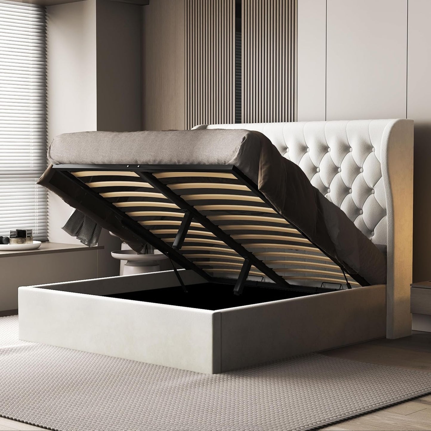 Brittany Velvet Queen Bed Frame with Storage, Metal Bed Frame Queen Size with Headboard & Hydraulic Storage, Modern Wingback Design