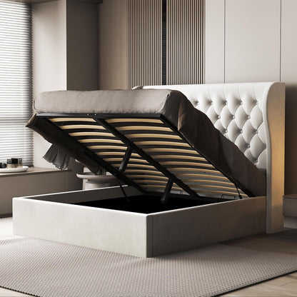 Brittany Velvet Queen Bed Frame with Storage, Metal Bed Frame Queen Size with Headboard & Hydraulic Storage, Modern Wingback Design