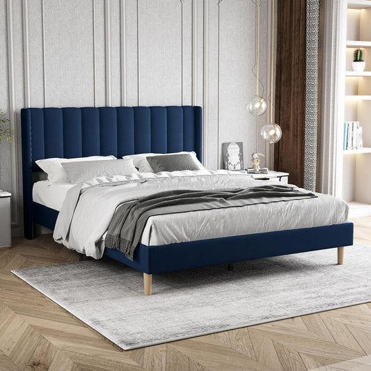Zoophyter Upholstered Platform Bed Frame Queen Size with Headboard Mattress Foundation Strong Wooden Slats Support Easy Assembly No Box Spring Needed Blue Velvet