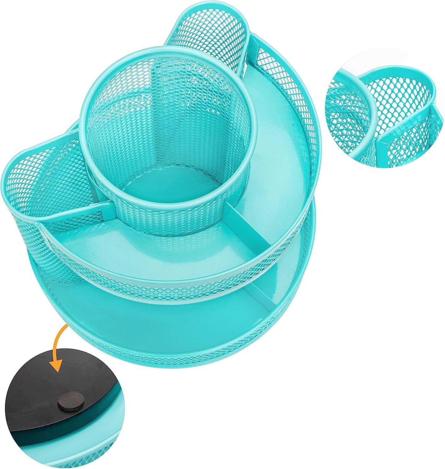 Annova Mesh Desk Organizer Rotate with 6 Compartments Round Spinning Tidy Candy/Pen Holder Desk Accessories Office, Art Supply, Storage, Classroom, Home (Turquoise)