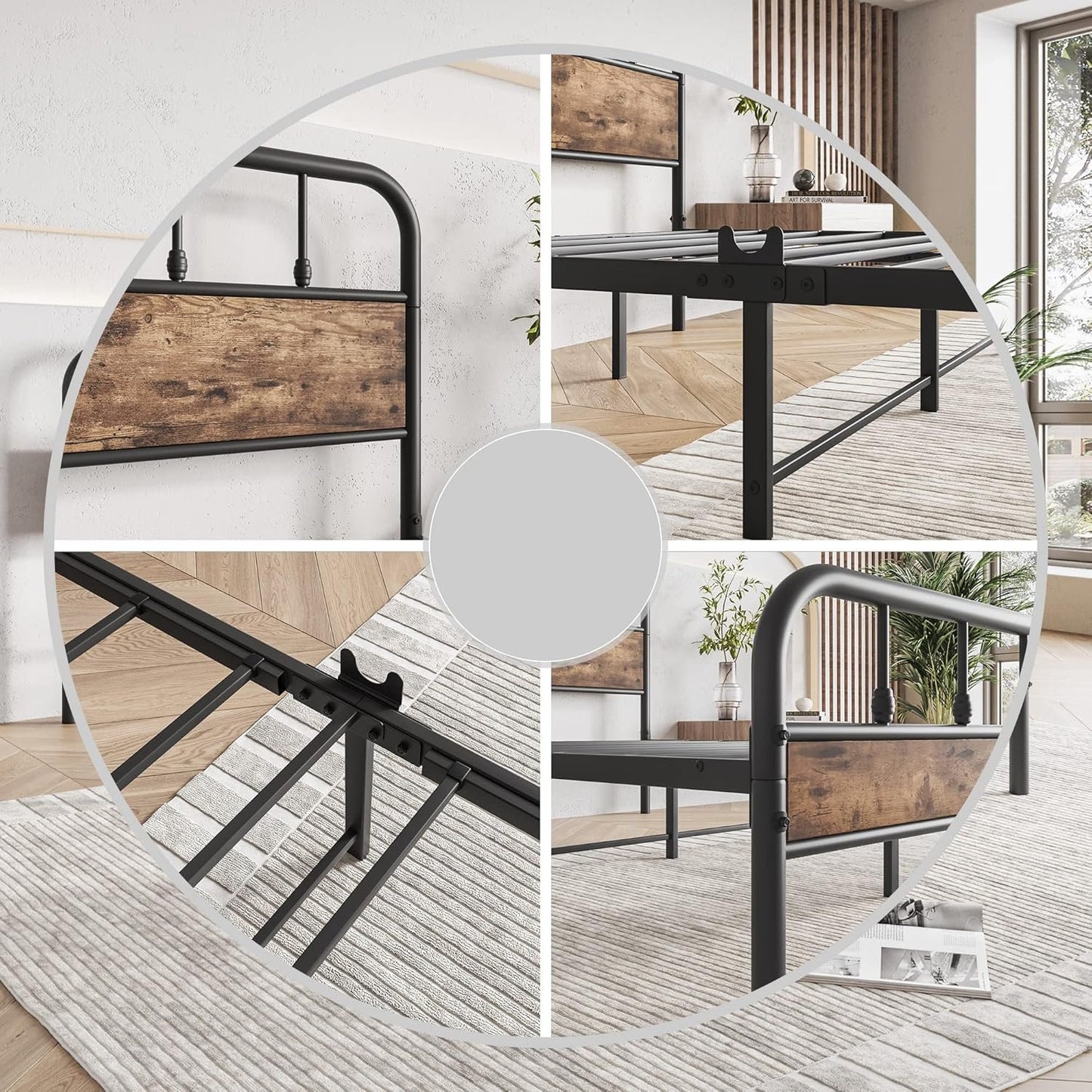 Elegant Home Products Full Bed Frame with Wood Headboard and Footboard,Sturdy Steel Slats,Metal Platform Bed Frame,No Box Spring Needed,Noise Free Mattress Foundation Black & Rustic Brown