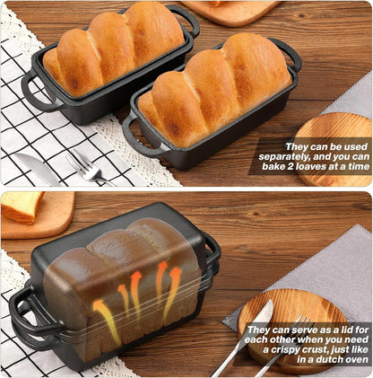 Apatiner 2 in 1 Cast Iron Bread Pan with Lid, Durable Loaf Pans for Baking Homemade Sourdough and Meatloaf, Bread Oven Cast Iron Cookware, Set of 2