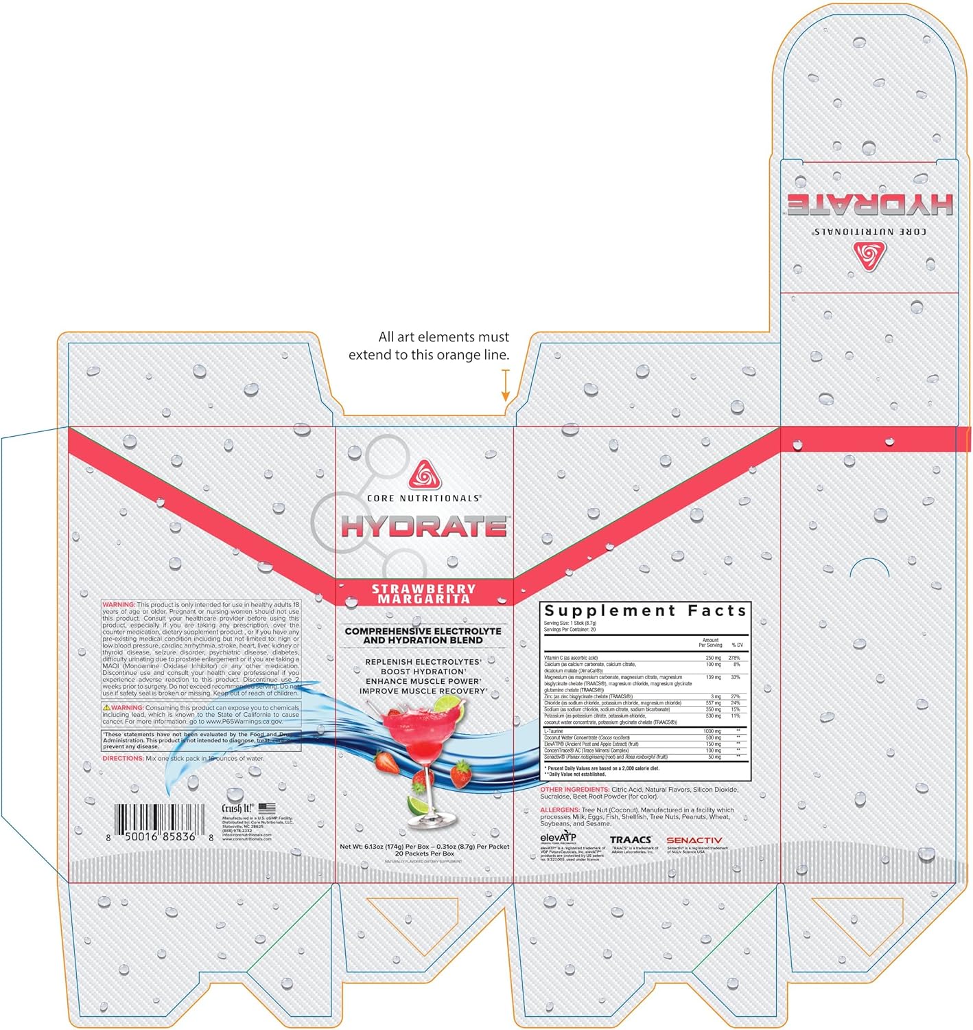 Core Nutritionals Hydrate Strawberry Margarita Flavoured Comprehensive Electrolyte & Hydration Blend Powder 8.1 g (20 Packet)