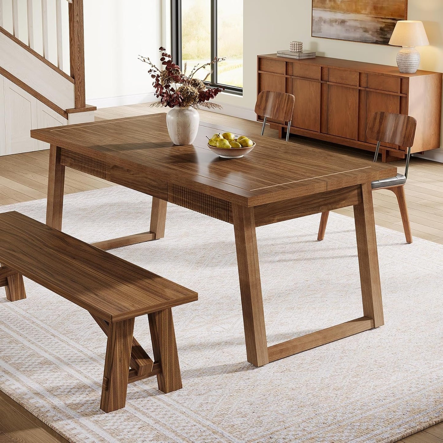 Tribesigns 55'' Dining Table with Storage Drawer, Rectangular Dinner Kitchen Table with Solid Wood Legs for 4-6 People, Mid-Century Modern Desk for Dining Room, Walnut Brown