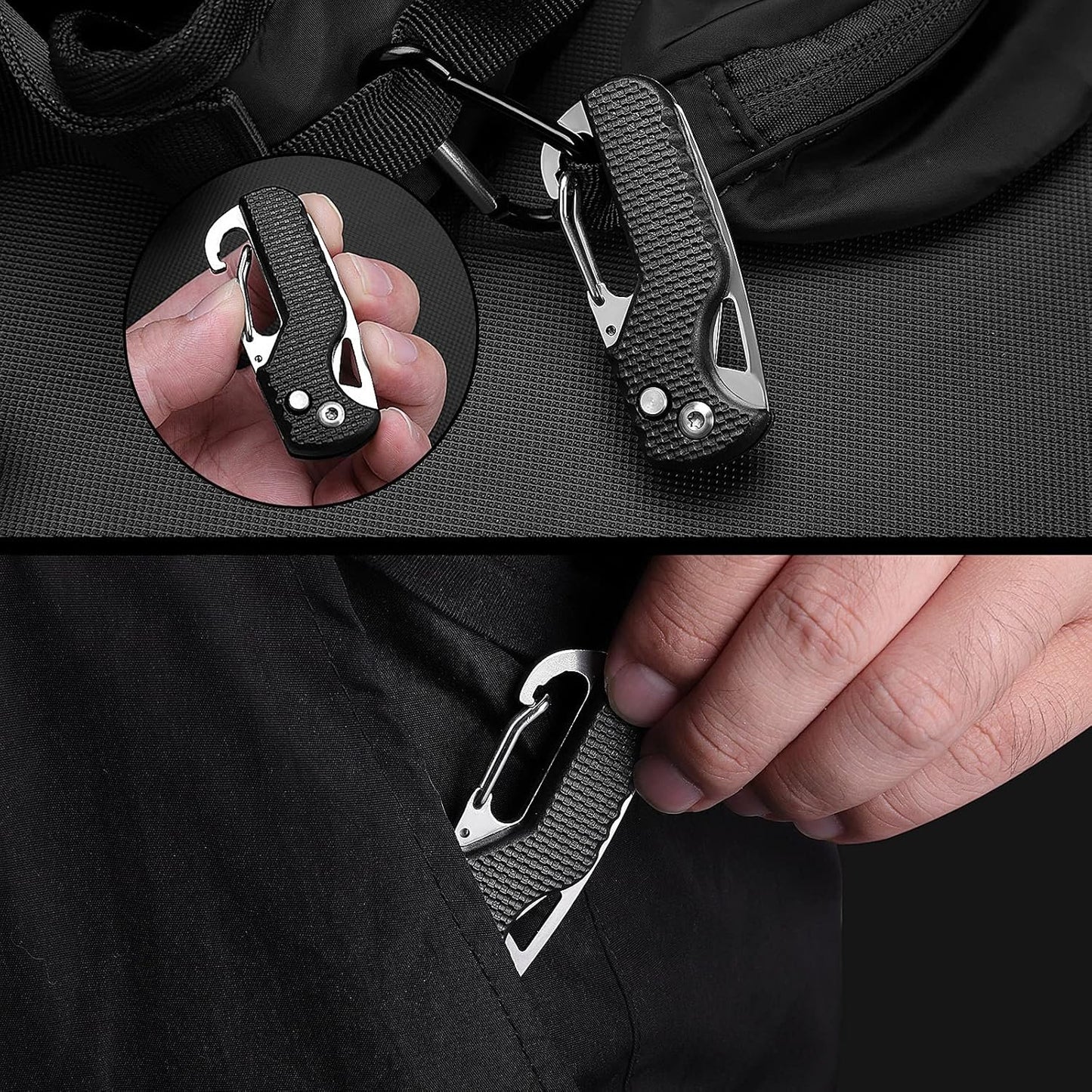 ITOKEY Multitool Keychain knife, 2 Pack Small Pocket Box/ Seatbelt/ Strap Cutter, Razor Sharp Serrated Blade and Paratrooper Hook, EDC Folding Knives Key Chains for Women Men Everyday Carry