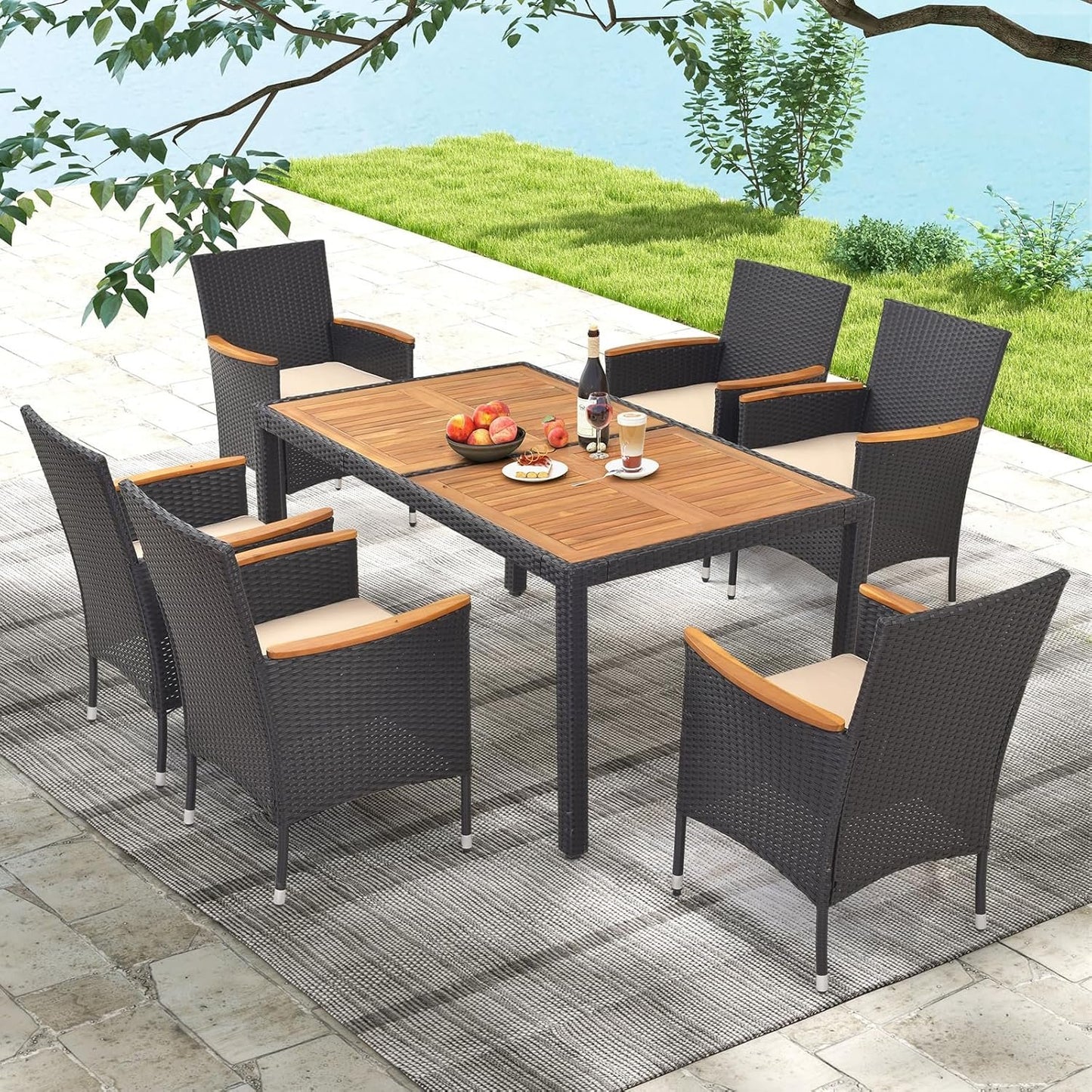 ORALNER 7 Pieces Outdoor Dining Set, Wicker Dining Table and Chairs Set with Acacia Wood Table Top, Seat Cushions, Rattan Patio Dining Table Set for 6, Garden Yard Poolside Deck, Brown