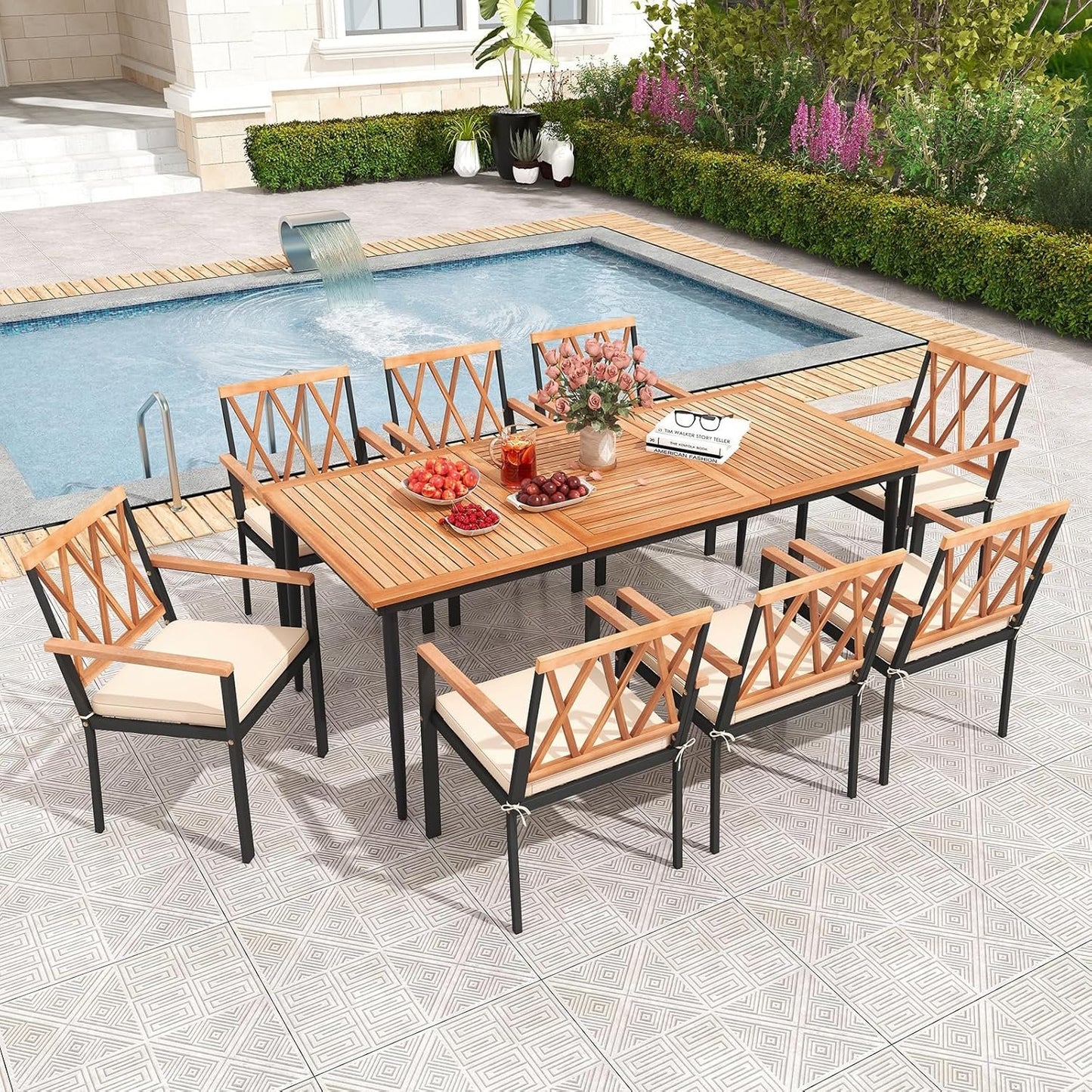 Tangkula 9-Piece Patio Dining Set, Outdoor Acacia Wood Dining Table with 1.9" Umbrella Hole& 8 Dining Chairs with Cross Hollow Back and Seat Cushions, for Garden, Porch, Deck, Natural