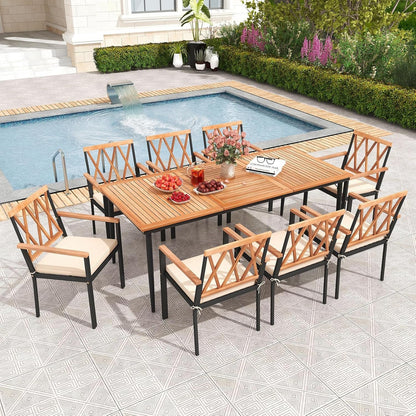 Tangkula 9-Piece Patio Dining Set, Outdoor Acacia Wood Dining Table with 1.9" Umbrella Hole& 8 Dining Chairs with Cross Hollow Back and Seat Cushions, for Garden, Porch, Deck, Natural