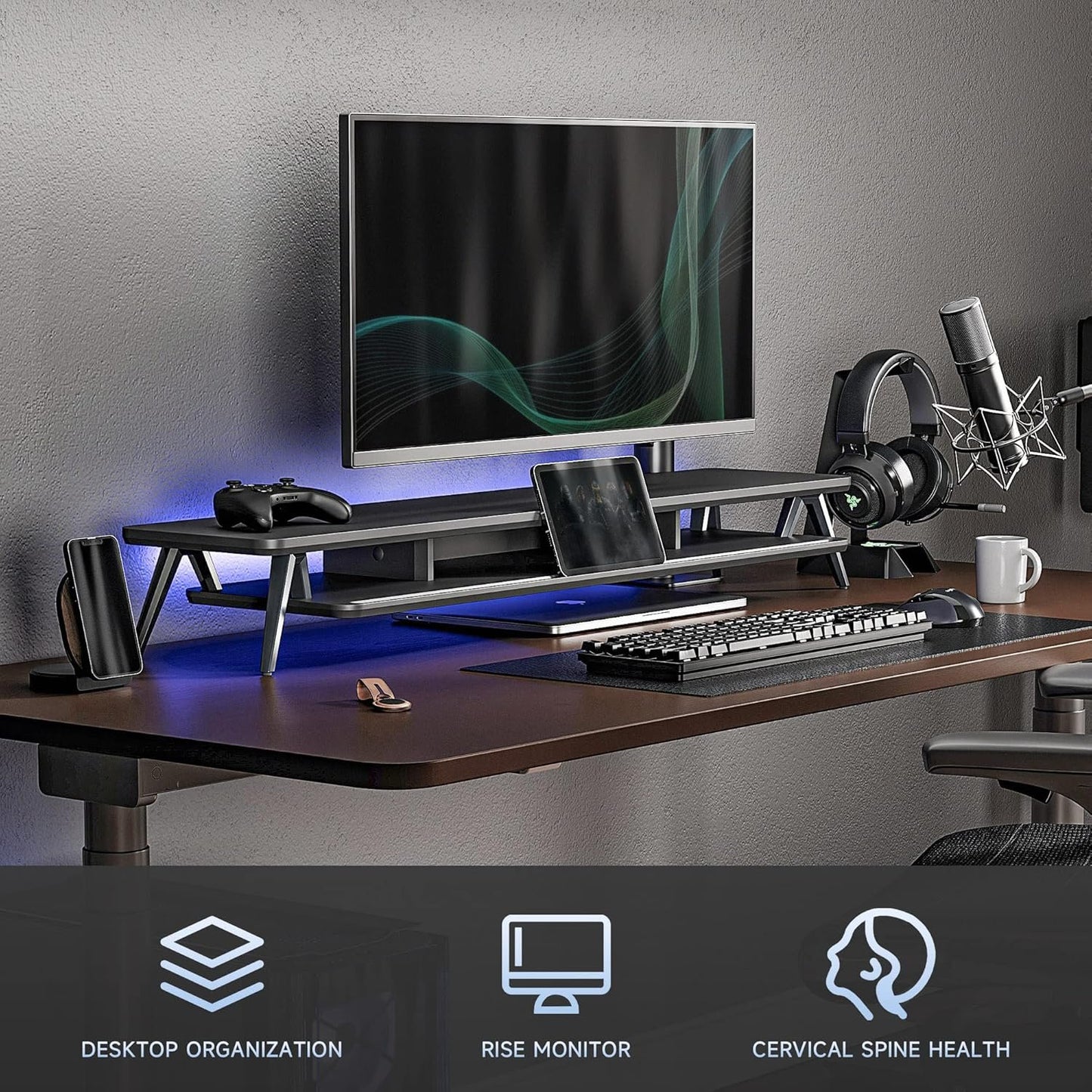 Fenge Dual Monitor Stand, Monitor Stands Riser for 2 monitors, 42.5 Inch Wood Desk Shelf with Storage Organizer and Cable Management for Office Desk Accessories (Black, 42.5Inch)