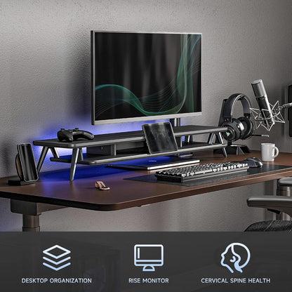 Fenge Dual Monitor Stand, Monitor Stands Riser for 2 monitors, 42.5 Inch Wood Desk Shelf with Storage Organizer and Cable Management for Office Desk Accessories (Black, 42.5Inch)