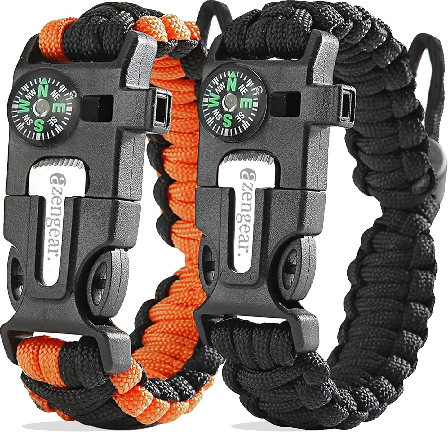 aZengear Paracord Survival Bracelets - Compass, Flint Fire Starter, Whistle, Adjustable Wrist Size - Camping, Hiking, Emergency Kit (Black & Orange, Pair)