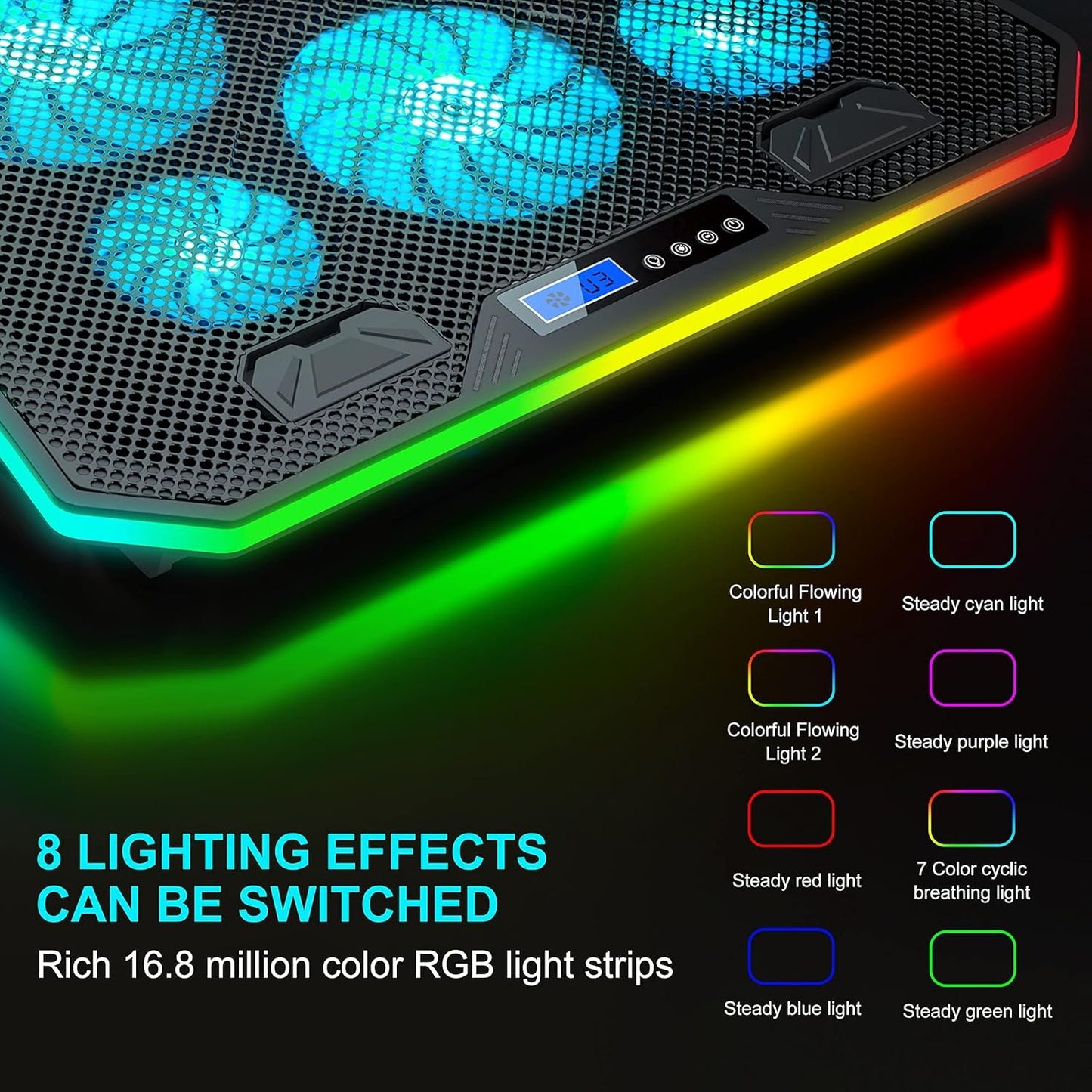TopMate C12 Laptop Cooling Pad RGB Gaming Notebook Cooler for Desk and Lap Use, Laptop Fan Stand 8 Adjustable Heights with 6 Quiet Fans and Phone Holder, for 15.6-17.3 Inch Laptops-Ice Blue LED Light