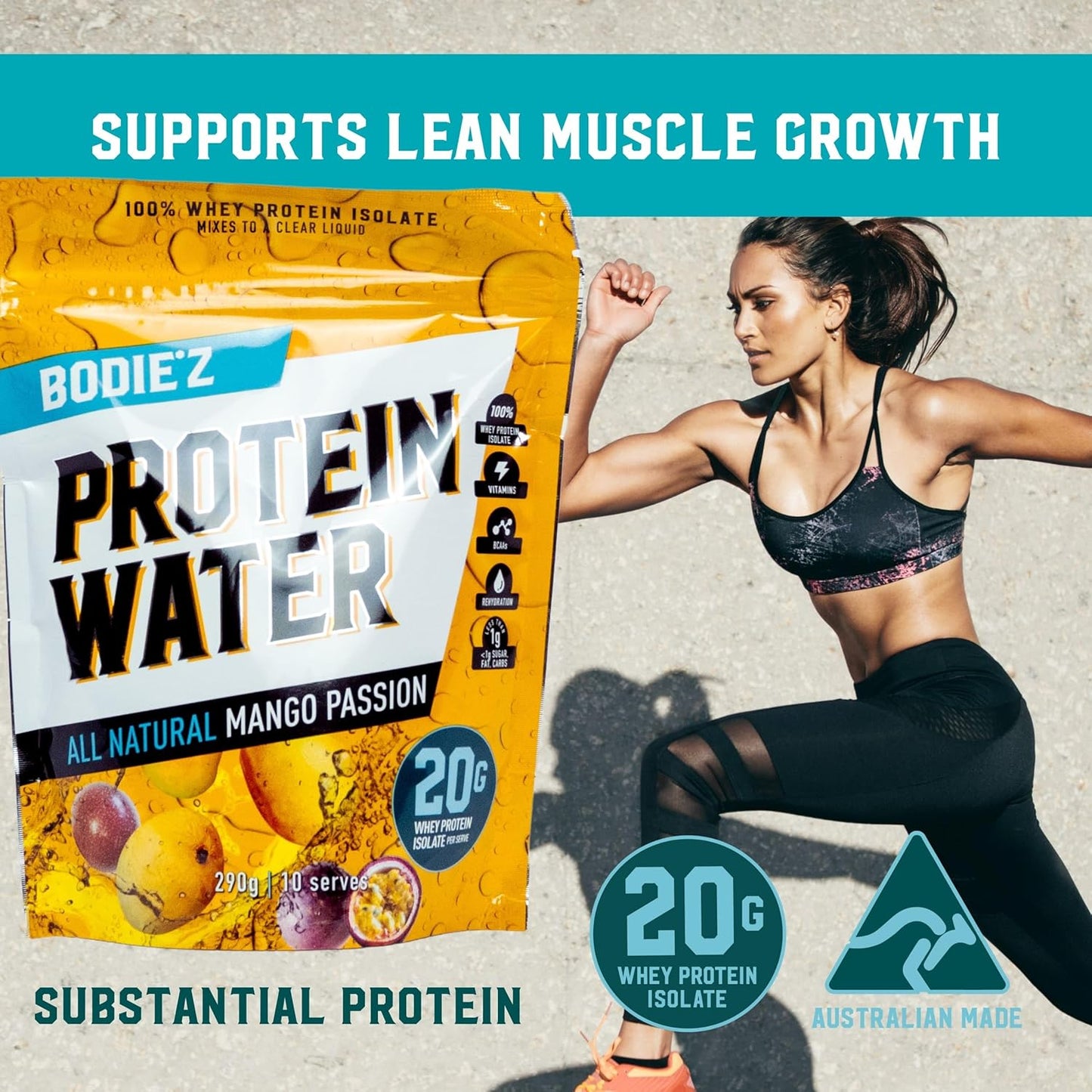 BODIE’Z Whey Protein Water Powder - 20g Protein Per Serve, Less than 1g Sugar Fat and Carbs 11 Vitamins and Minerals, Supplement for Lean Muscle Growth & Recovery, Mix with Water, 290g Mango Passion