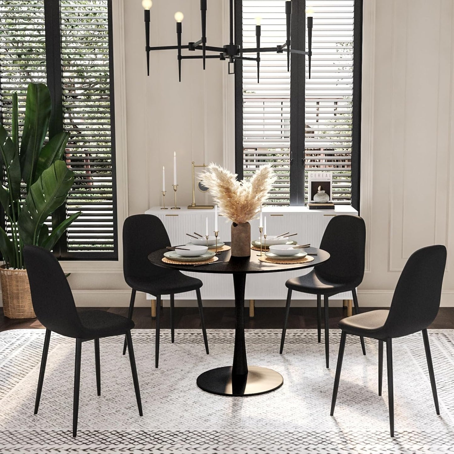 Aykah 35 Inch Round Black Dining Table for 4 - Manufactured Wood Top Round Dining Table - Saves Space with Metal Pedestal Base for Dining Room, Kitchen, Living Room (Black)