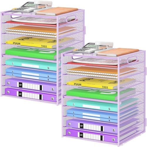 Cawukege 9 Tier Paper Organizer with Handle, Large Capacity Desk Organizer Mesh Paper Letter Tray File Folder Document Sorter for Classroom and Office Accessories Organization- Purple (2 Pack)