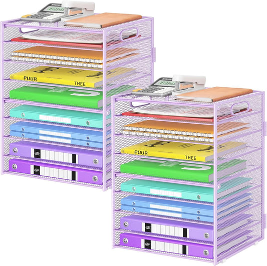 Cawukege 9 Tier Paper Organizer with Handle, Large Capacity Desk Organizer Mesh Paper Letter Tray File Folder Document Sorter for Classroom and Office Accessories Organization- Purple (2 Pack)