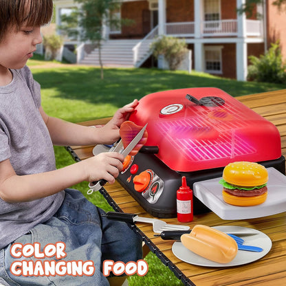 PLAY-ACT Extra Large 2-Layer BBQ Grill Playset with Pretend Smoke, Light, Sound & Color-Changing Food, Kitchen Toy Set,Pretend BBQ Grill Toy Set for Kids (25X13X12 Inch)