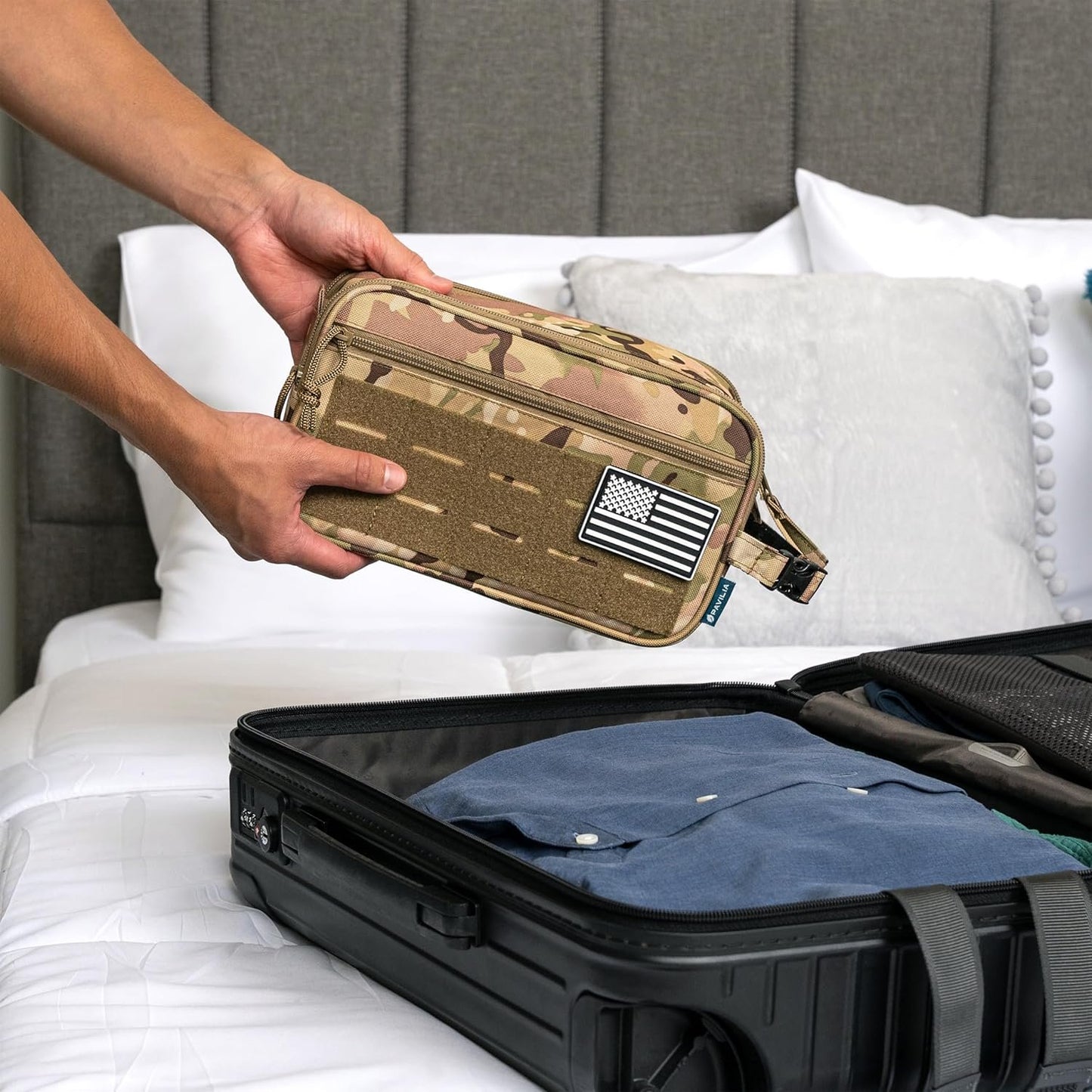 PAVILIA Tactical Toiletry Bag for Men, Hygiene Travel Bag, Military Dopp Kit, Water Resistant Molle Pouch, Mens Shaving Grooming Essentials, Bathroom Shower Toiletries Small Organizer Case, Camo