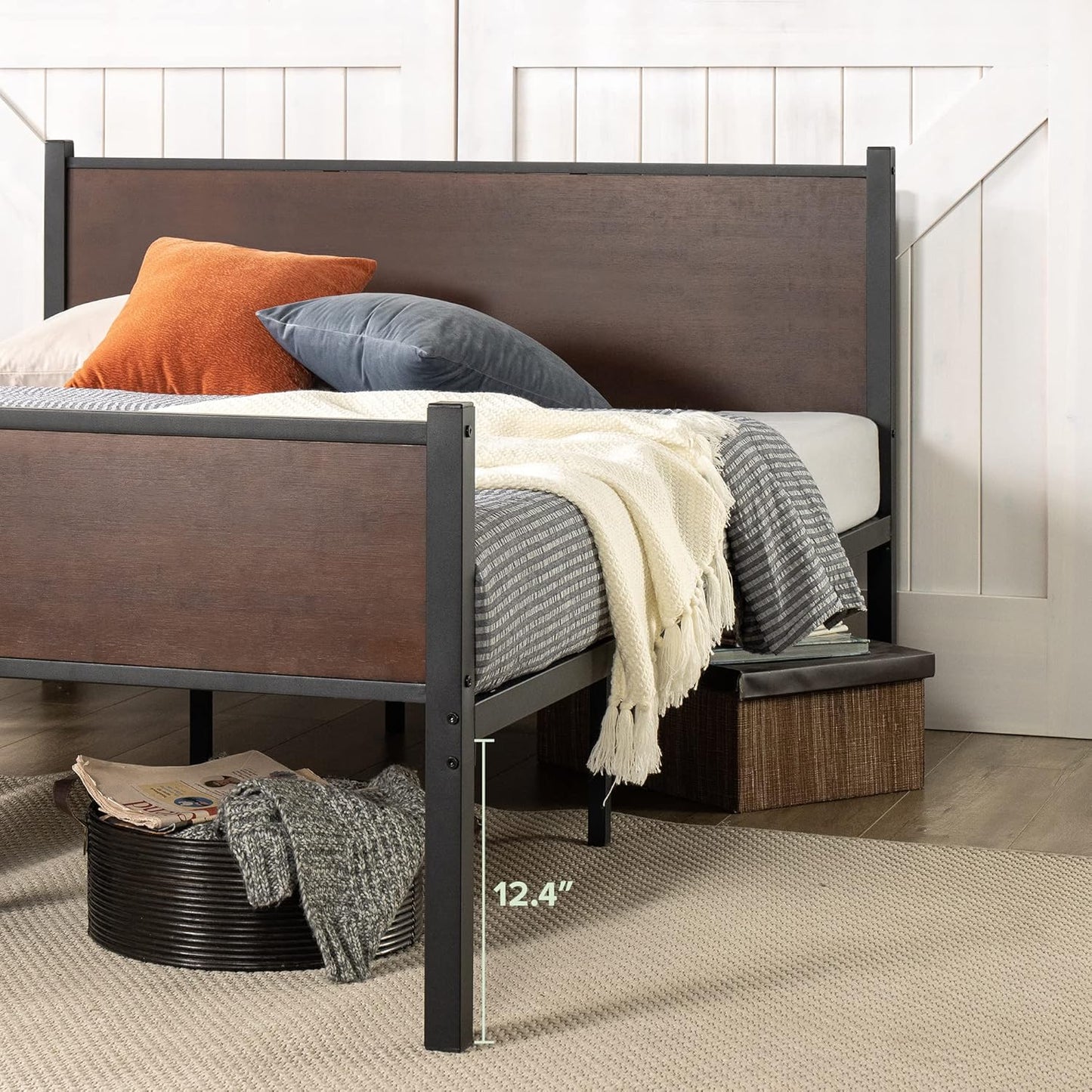 Zinus Queen Bed Frame, Industrial Metal Wooden Bamboo Bed Frame Base with Headboard, Black & Dark Wood, Bedroom Furniture, Brown