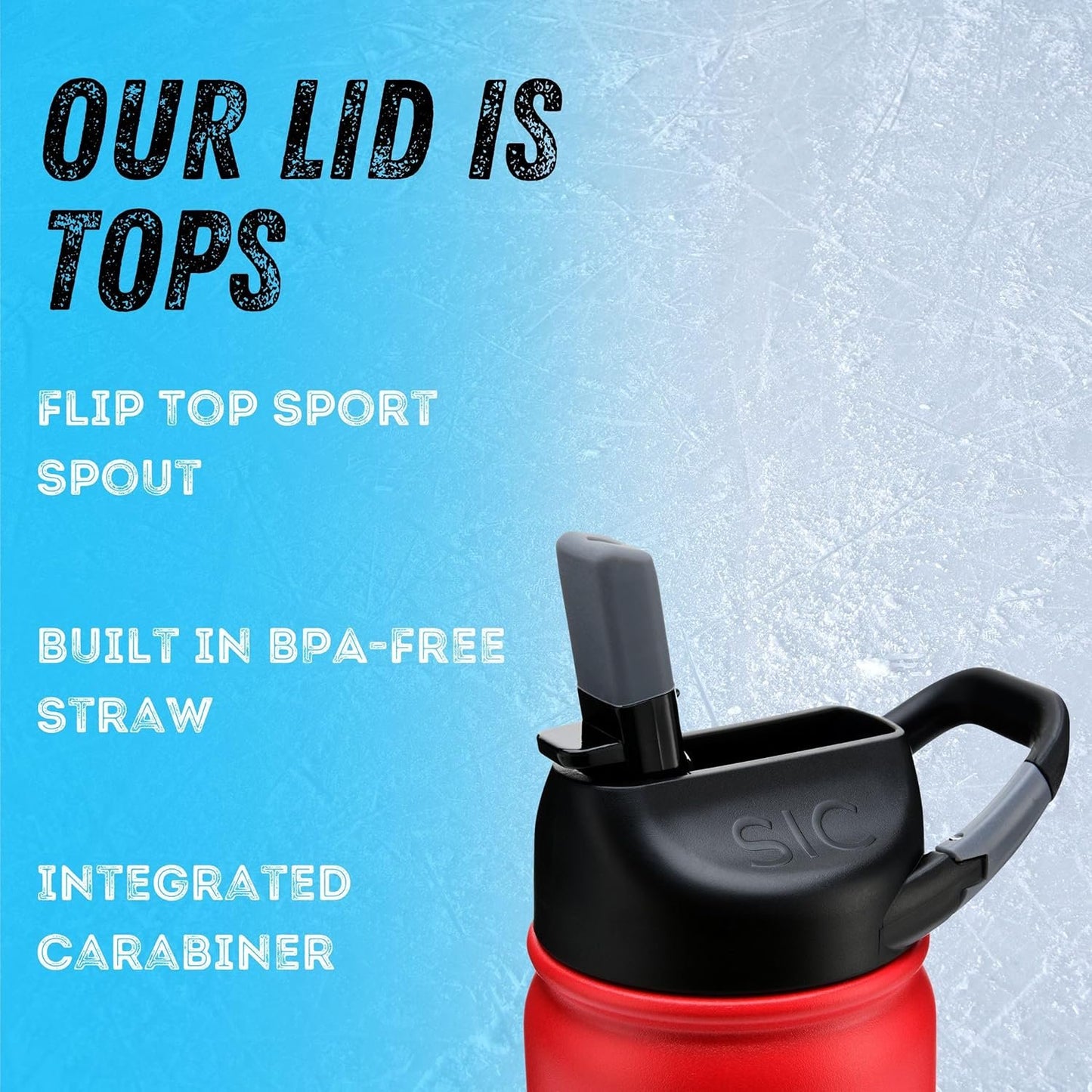 SIC (Seriously Ice Cold) Red 27 Oz. Travel Sport Bottle Double Wall Stainless Steel Vacuum Insulated No Sweat Bottle with Carabiner Lid - BPA Free Drinkware. Stainless & Powder Coated Colors