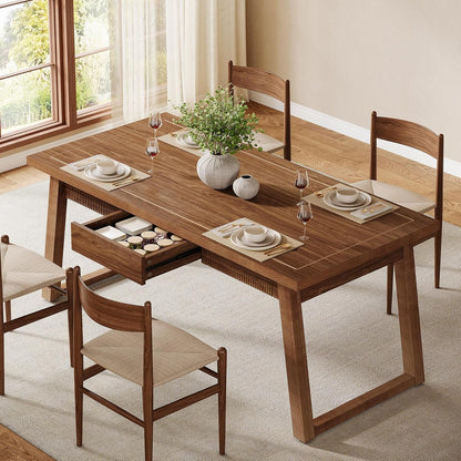 Tribesigns 55'' Dining Table with Storage Drawer, Rectangular Dinner Kitchen Table with Solid Wood Legs for 4-6 People, Mid-Century Modern Desk for Dining Room, Walnut Brown