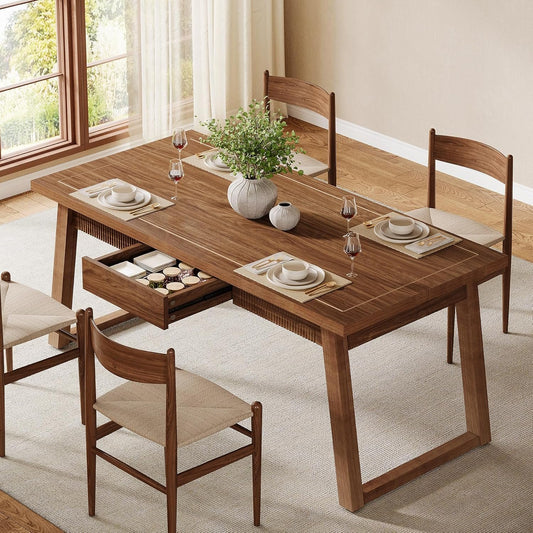 Tribesigns 55'' Dining Table with Storage Drawer, Rectangular Dinner Kitchen Table with Solid Wood Legs for 4-6 People, Mid-Century Modern Desk for Dining Room, Walnut Brown