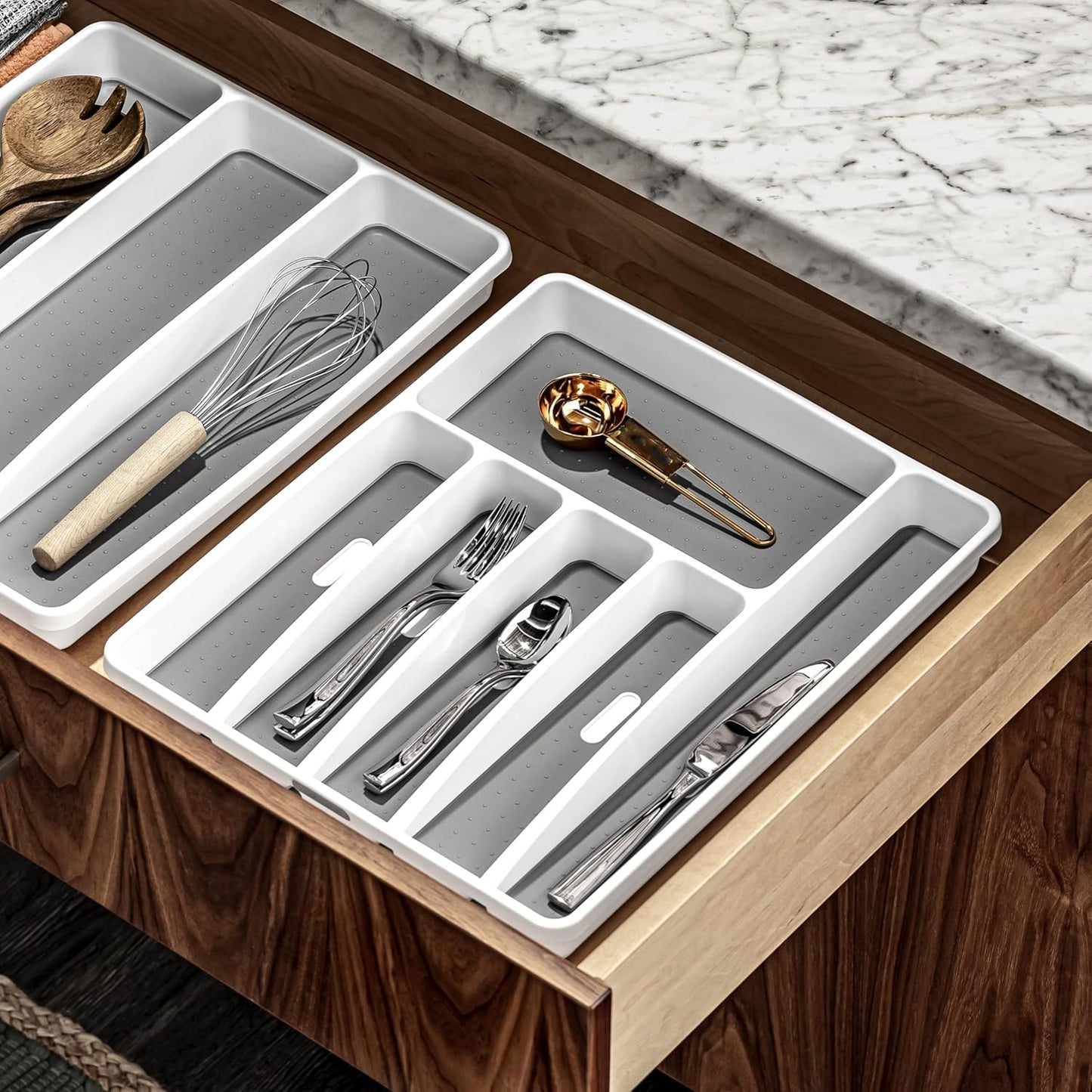 madesmart Antimicrobial Classic Large Silverware Tray Soft Grip, Non-Slip Kitchen Drawer, 6 Compartments, Multi-Purpose Home Organization, EPA Certified, White