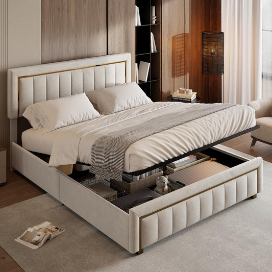 BRILVERDE Double Padded Bed, 160 x 200 cm, Bed Frame with Storage Compartment and Slatted Base, Hydraulic Bed with Headboard, Velvet (Open White, 160 x 200 cm)