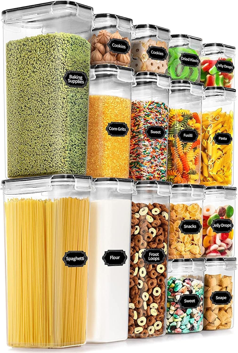 BADIABO Airtight Food Storage Containers Set, 16 Pcs BPA Free Plastic Dry Food Canisters for Kitchen Pantry Organization and Storage Ideal for Cereal, Flour & Sugar - Black Labels