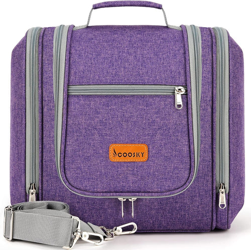 COOSKY Extra Large Hanging Travel Toiletry Bag for Women and Men, Hygiene Bag, Bathroom and Shower Organizer Kit with Elastic Band Holders for Toiletries, Cosmetics, Makeup, Brushes, Purple, Extra Large