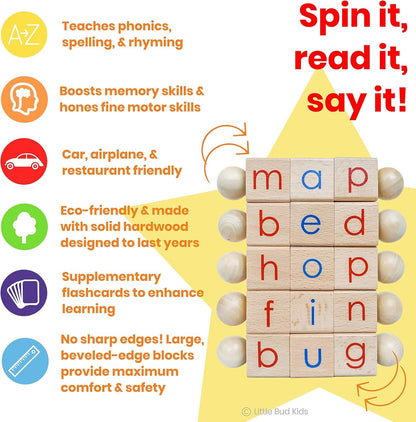 LITTLE BUD KIDS Spin-and-Read Phonics Toy, Rotating Wooden Reading Blocks with CVC Flash Cards, A Montessori Reading Learning Resources Toy for 3 4 5 6 Years Old