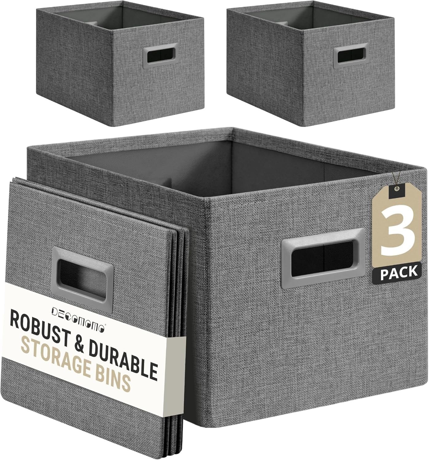 DECOMOMO Storage Baskets for Shelves Robust Closet Storage Bins for Clothes, Books, Toy Organization (Pack of 3 - Charcoal)