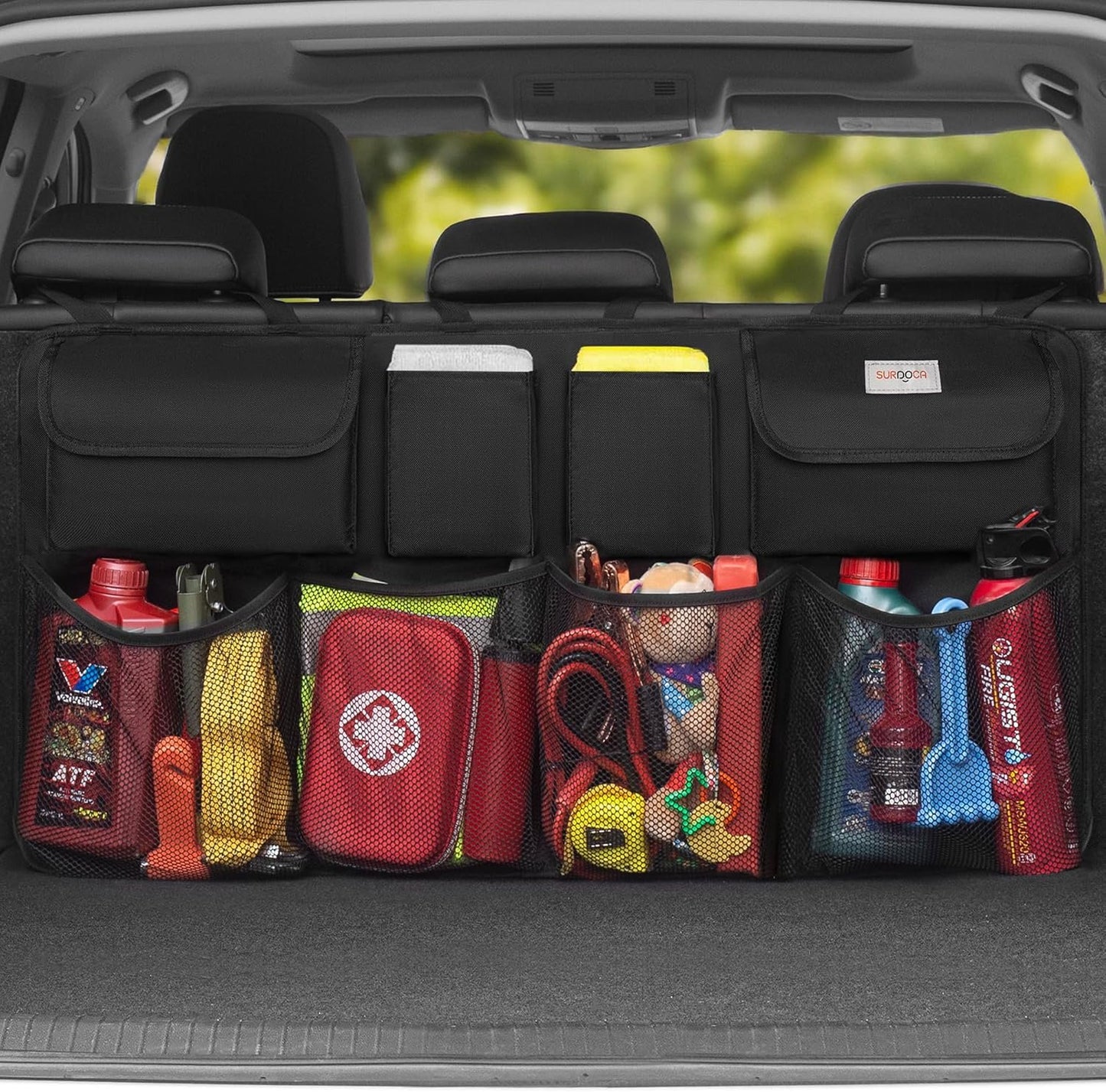 SURDOCA Car Trunk Organizer - 3rd Gen [7 Times Upgrade] Super Capacity Car Hanging Organizer, Car Trunk Tidy Storage Bag with Lids, Space Saving Expert