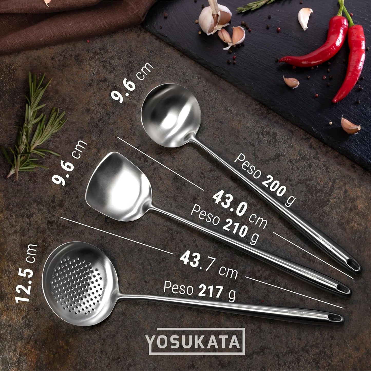 YOSUKATA Stainless Steel Spatula and Ladle for Wok 43 cm - Kitchen Utensils Set 304 Stainless Steel - Kitchen Ladle Set - Wok Accessories - Universal Kitchen Accessories - Kitchen Gadgets