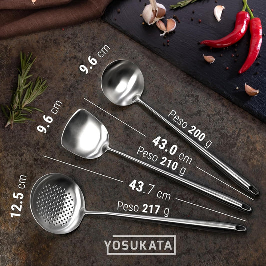 YOSUKATA Stainless Steel Spatula and Ladle for Wok 43 cm - Kitchen Utensils Set 304 Stainless Steel - Kitchen Ladle Set - Wok Accessories - Universal Kitchen Accessories - Kitchen Gadgets